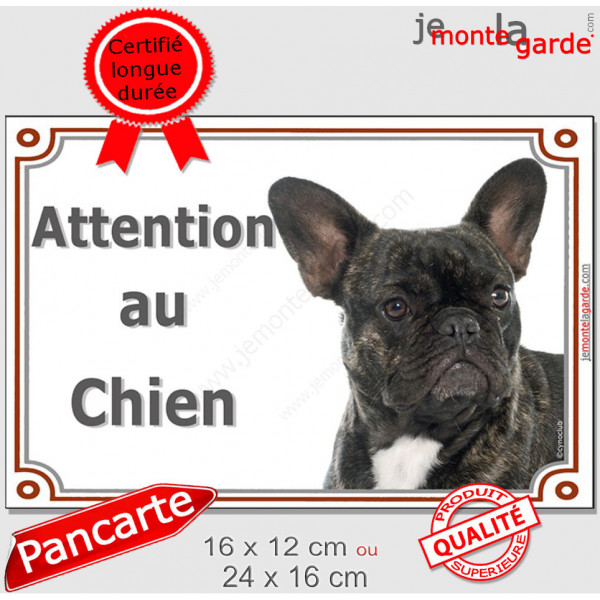 Bouledogue Français noir bringé, plaque portail "Attention au Chien" panneau pancarte bringué rayé raillé photo