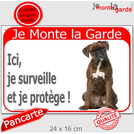 Boxer Marron Bringé Assis, plaque Portail rouge "Je Monte la Garde,  surveille protège" pancarte, affiche panneau photo