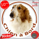 Lévrier Barzoï fauve marron et blanc, disque photo autocollant "Chien à Bord" Sticker adhésif rond vitre voiture Barzoi orange