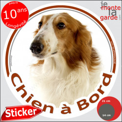 Lévrier Barzoï fauve marron et blanc, disque photo autocollant "Chien à Bord" Sticker adhésif rond vitre voiture Barzoi orange
