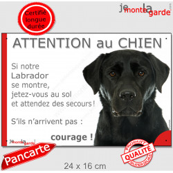 Labrador Noir, plaque humour "Attention au Chien, Jetez Vous au Sol, attendez secours courage" pancarte drôle photo