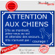 Plaque portail bleue pluriel humoristique "Attention aux Chiens, s'ils se montrent, jetez-vous au sol et attendez des secours...