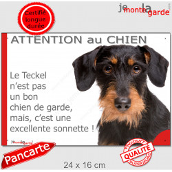 plaque portail humour "Attention au Chien, notre Teckel garde est une sonnette" pancarte photo Teckel noir et feu à poils durs