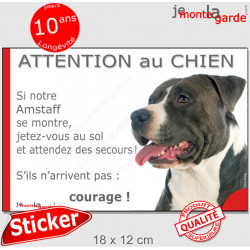 Amstaff noir & blanc, Sticker humour "Attention au Chien, montre, jetez-vous au sol et attendez secours" autocollant photo