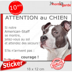 Amstaff gris bleu & blanc, Sticker humour "Attention au Chien, montre, jetez-vous au sol et attendez secours" autocollant photo