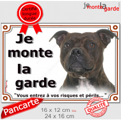 Staffie bringé, plaque portail extérieur "Je Monte la Garde, risques périls" panneau pancarte, photo staffy zébré