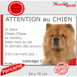 Chow-Chow fauve orange, plaque portail humour "Attention au Chien, Jetez Vous au Sol, attendez secours, courage" pancarte drôle 