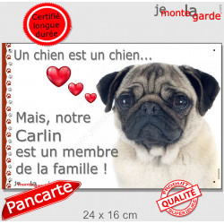 Carlin fauve, plaque photo extérieur "Chien Membre de la Famille" pancarte coeur idée cadeau attention au chien