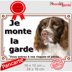 Springer Spaniel marron, Plaque portail extérieur "Je monte la garde, risques périls" pancarte photo springeur attention chien