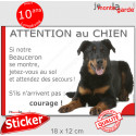 Beauceron noir et feu, sticker humour"Attention au Chien, Jetez Vous au Sol" 18 cm JET