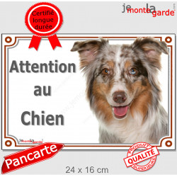 Berger Australien Rouge Merle tricolore, Plaque portail "Attention au Chien" panneau affiche, pancarte photo aussie