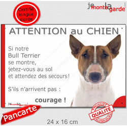 Bull Terrier fauve et blanc, plaque portail humour "Attention au Chien, Jetez Vous au Sol, secours, courage" photo drôle