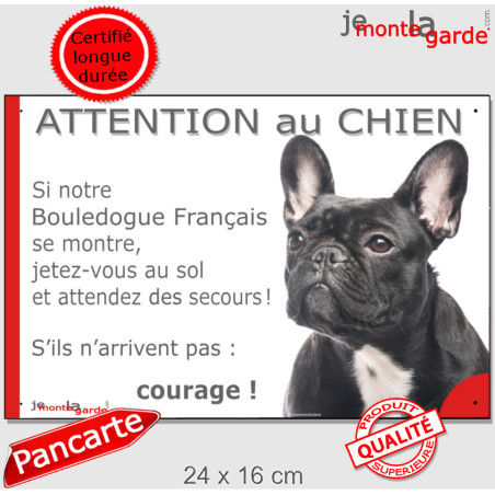 Bouledogue Français noir bringé, plaque portail humour "Attention au Chien, Jetez Vous au Sol, attendez secours, courage" photo,