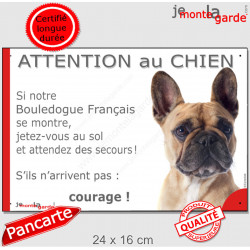 Bouledogue Français fauve beige, plaque portail humour "Attention au Chien, Jetez Vous au Sol, attendez secours, courage" photo 