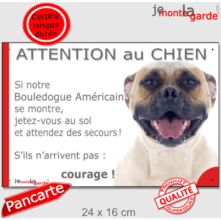 Bouledogue Américain blanc et fauve, plaque portail humour "Attention au chien, Jetez Vous au Sol, courage" photo, résiste pluie