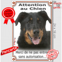 Beauceron noir et feu, plaque portail verticale "Attention au Chien, pas sans autorisation" 24 cm VL