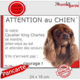 Cavalier King Charles rubis marron, plaque portail humour "Attention au Chien, Jetez Vous au Sol, attendez secours, courage"  ré