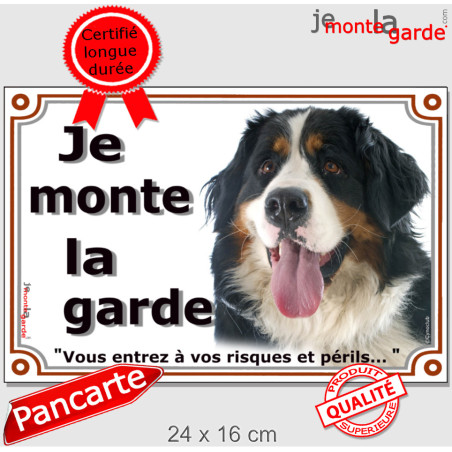 Bouvier Bernois, plaque portail photo "Je Monte la Garde, vous entrez à vos risques et périls" résiste dehors, 3 tailles D