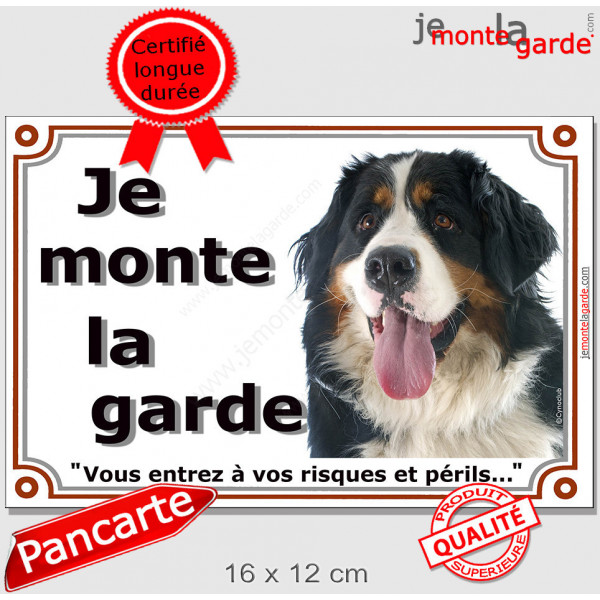 Bouvier Bernois Tête, Plaque portail extérieur "Je Monte la Garde, risques périls" panneau pancarte attention au chien photo