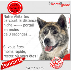 Akita Inu bringé, plaque humour extérieur "distance Niche-Portail 3 secondes" 24 cm 3S