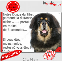 Dogue du Tibet noir et feu, plaque humour extérieur "parcourt distance Niche-Portail moins 3 secondes, rapide" photo attention