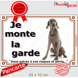 Braque de Weimar Assis, Plaque portail "Je Monte la Garde, risques périls" panneau affiche pancarte photo