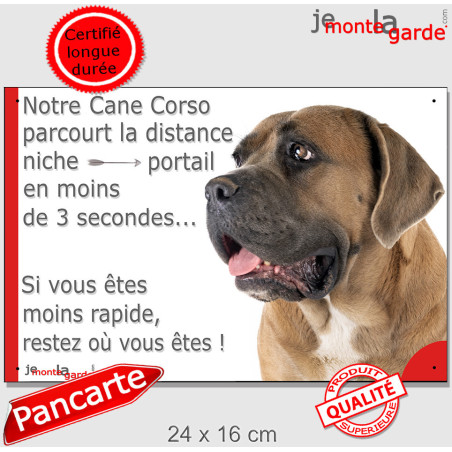 Cane Corso fauve, plaque humour extérieur "distance Niche-Portail 3 secondes" 24 cm