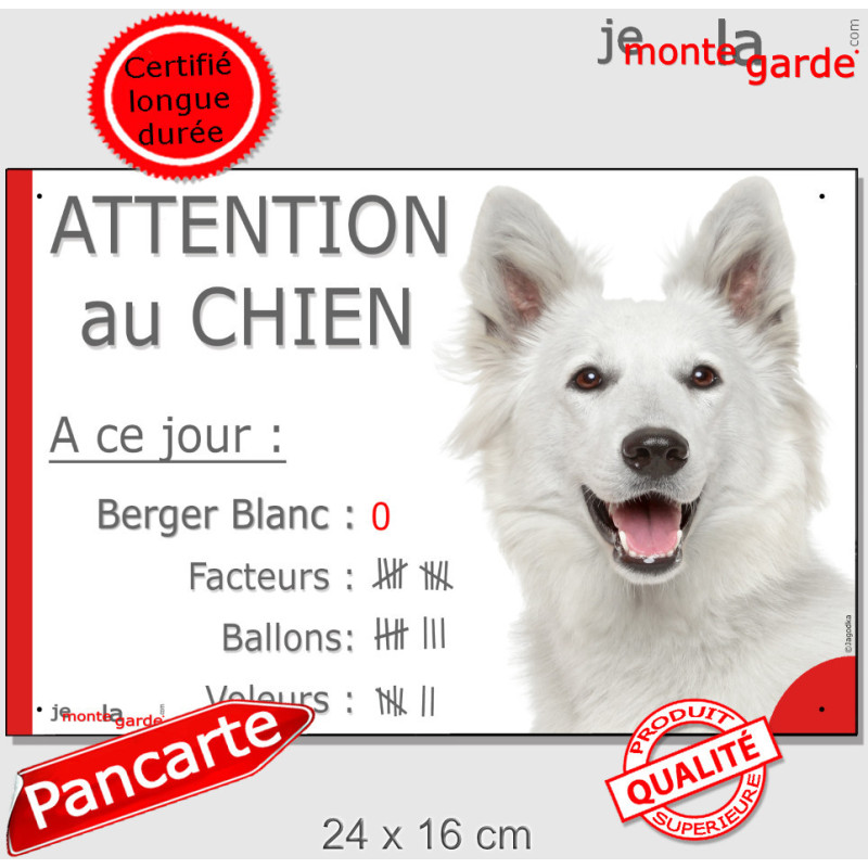 Berger Blanc Suisse, Pancarte Portail humour "Attention au chien nombre de Facteurs, Voleurs, Ballons !" panneau plaque photo Berger Blanc Suisse, Pancarte Portail humour "Attention au chien nombre de Facteurs, Voleurs, Ballons !" panneau plaque photo