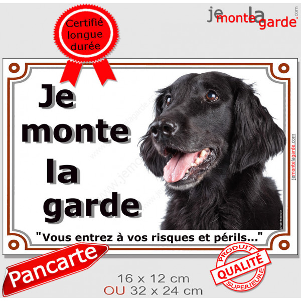 Flat Coated Retriever noir Tête, Plaque portail extérieur "Je Monte la Garde, risques périls" panneau pancarte photo