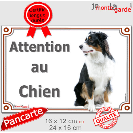 Berger Australien tricolore noir, plaque portail "Attention au Chien" photo aussie, résiste pluie soleil gel, idée cadeau