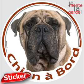 Bullmastiff fauve clair, sticker autocollant rond "Chien à Bord" Disque photo adhésif vitre voiture, sable beige, résiste pluie 