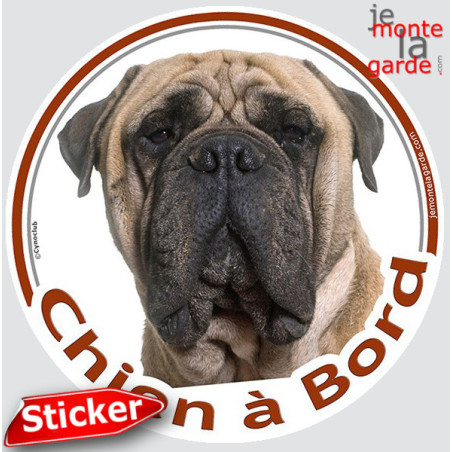 Bullmastiff fauve clair, sticker autocollant rond "Chien à Bord" Disque photo adhésif vitre voiture, sable beige, résiste pluie 