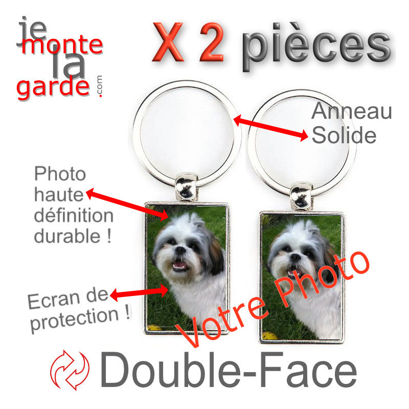 Photo personnalisable, Lot de 2 Porte-Clefs métallique double face, idée cadeau porte clés fer acier sur mesure animal chien