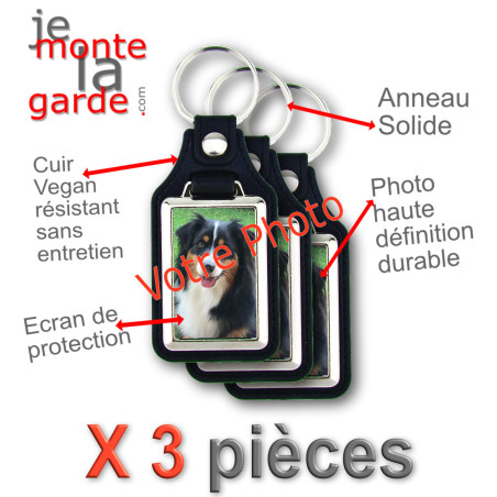 Photo Personnalisable, Lot de 3 Porte-Clefs cuir vegan noir