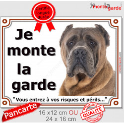 Cane Corso fauve oreilles taillées Tête, plaque "Je Monte la Garde" 2 tailles, pancarte panneau portail risques périls