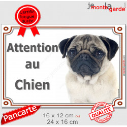 Carlin fauve Tête, plaque portail "Attention au Chien" pancarte entrée, panneau photo race Pug sable beige