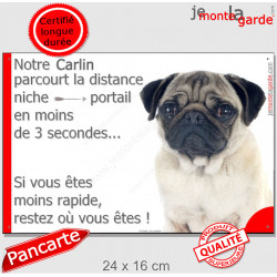 Carlin fauve, Plaque humour "parcourt distance niche portail moins 3 secondes" pancarte Pub sable beige crème panneau Attention 