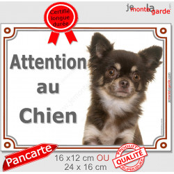 Chihuahua marron et beige à poils longs Tête, plaque portail "Attention au Chien" pancarte panneau photo chocolat brun