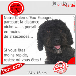 Chien d'Eau Espagnol noir, plaque humour "parcourt distance Niche-Portail moins 3 secondes, rapide" pancarte photo attention au 