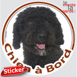 Chien d'Eau Espagnol noir, sticker autocollant rond "Chien à Bord" Disque photo adhésif vitre voiture Turc
