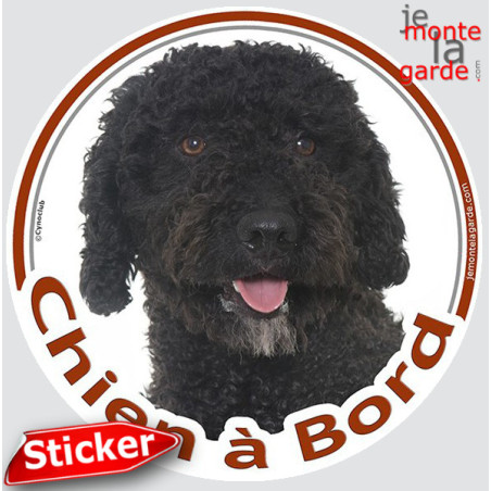 Chien d'Eau Espagnol noir, sticker rond voiture "Chien à Bord" 15 cm 3a Chien d'Eau Espagnol noir, sticker rond voiture "Chien à Bord" 15 cm 3a