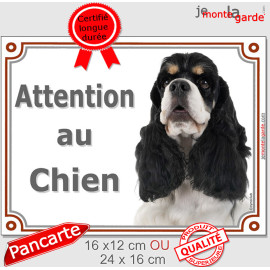 Cocker Américain tricolore, plaque portail photo "Attention au Chien" résiste pluie soleil gel, idée cadeau