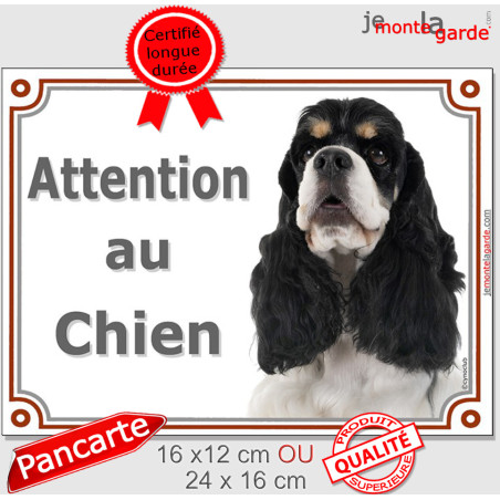 Cocker Américain tricolore, plaque portail photo "Attention au Chien" résiste pluie soleil gel, idée cadeau