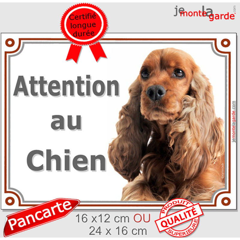 Cocker Anglais Golden marron roux, plaque portail "Attention au Chien" entrée photo race, résiste pluie soleil gel, idée cadeau