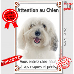 Coton de Tuléar, plaque portail "Attention au Chien, risques et périls" verticale pancarte panneau photo