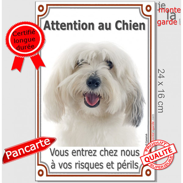 Coton de Tuléar, plaque portail "Attention au Chien, risques et périls" verticale pancarte panneau photo