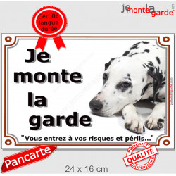 Dalmatien couché, Plaque Portail "Je Monte la Garde, risques et périls" Affiche photo Panneau attention au chien