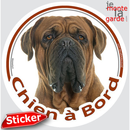 Dogue de Bordeaux face noire, sticker autocollant rond "Chien à Bord" disque photo face masque noire voiture, résiste dehors
