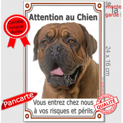 Dogue de Bordeaux masque noir, plaque portail verticale "Attention au Chien, risques et périls" pancarte photo face panneau