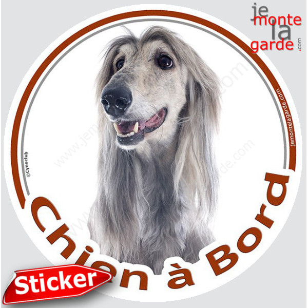 Lévrier Afghan gris Tête, sticker voiture rond "Chien à Bord" Disque photo autocollant bleu
